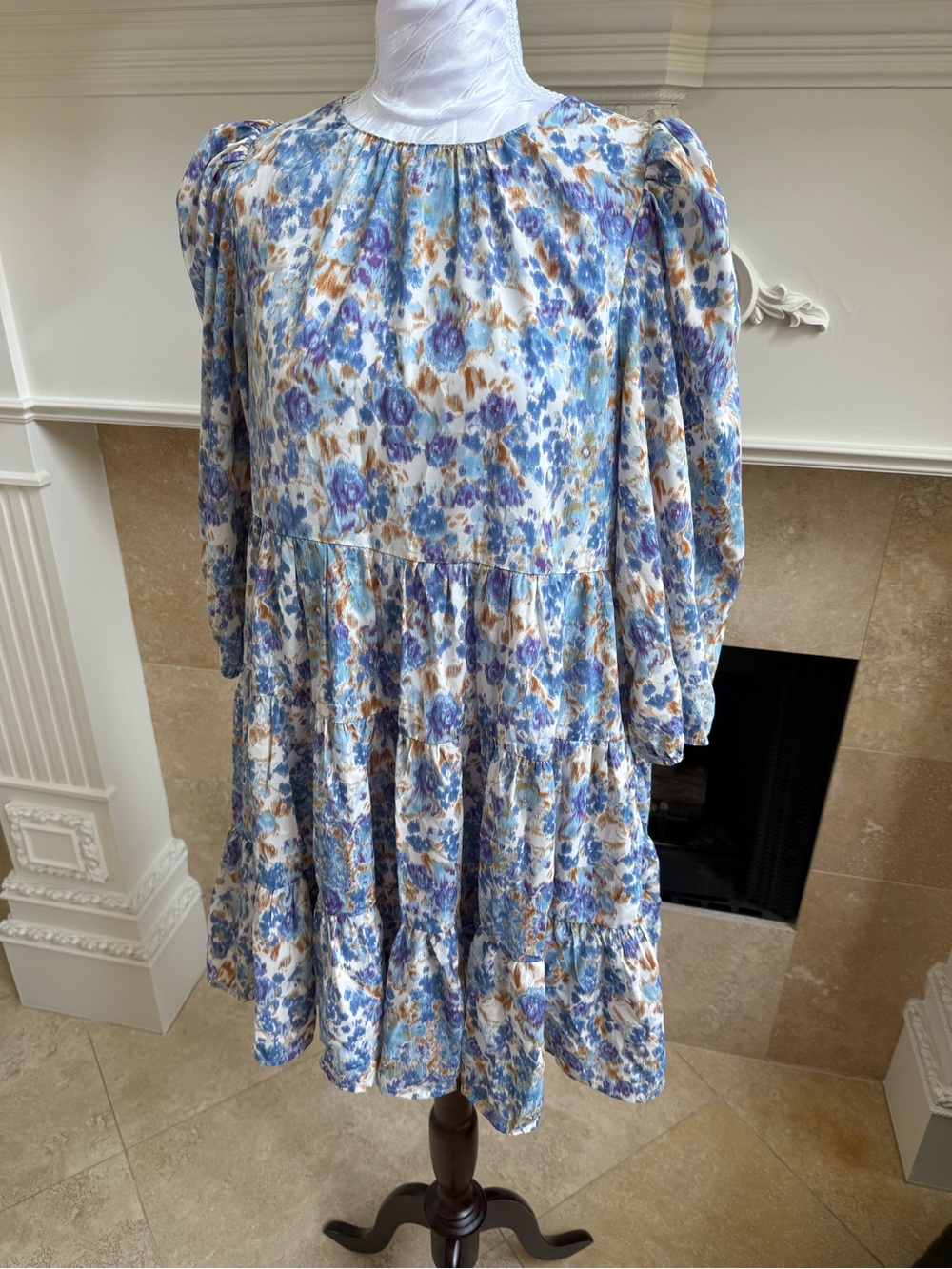 TCEC Blue, White and Brown Floral Long Sleeve Tiered Dress